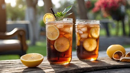 Aufkleber - Refreshing Iced Tea with Lemon Slices Served Outdoors on a Rustic Wooden Table in a Lush Garden Setting
