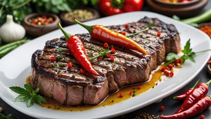 Poster - Grilled Steak Garnished with Fresh Chili Peppers Surrounded by Vegetables and Spices on a White Plate Culinary Presentation.