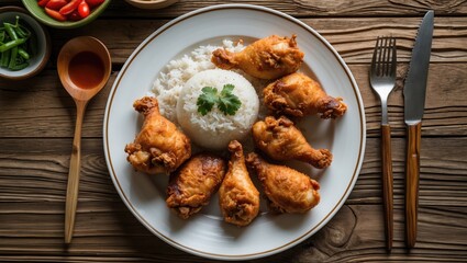 Aufkleber - Indonesian fried chicken served with steamed rice on a white plate against a rustic wooden table background