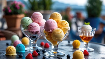 Aufkleber - Colorful Ice Cream Scoops in Elegant Glassware on Table with Fresh Berries and Out of Focus Background for Summer Dessert Promotion