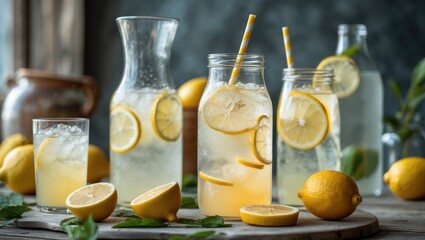 Aufkleber - Refreshing Homemade Lemonade in Jars with Fresh Lemons and Mint on Rustic Table