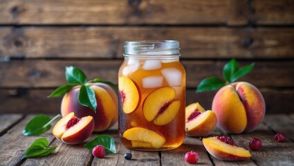 Aufkleber - Refreshing Peach Iced Tea in Jar Surrounded by Freshly Sliced Peaches on Rustic Wooden Table