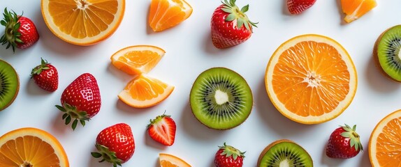Aufkleber - Vibrant assortment of sliced fruits including oranges strawberries and kiwi on a bright white background emphasizing freshness and healthiness
