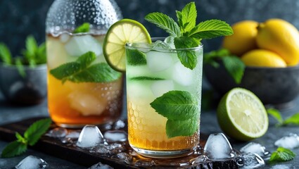 Aufkleber - Refreshing Iced Honey Lime Soda Garnished with Mint Leaves in a Chill Glass with Ice and Citrus Fruits in Background