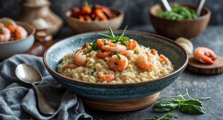 Poster - Delicious Italian seafood risotto served in a rustic bowl with fresh herbs and empty copy space for text or branding elements.