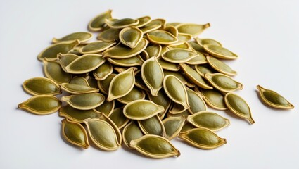 Poster - Pumpkin seeds arrangement on white surface showcasing natural texture and color, perfect for health and nutrition concepts.