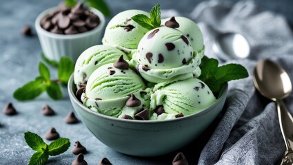 Aufkleber - Refreshing Mint Chocolate Chip Ice Cream Served in a Bowl with Garnish and Chocolate Chips on a Textured Background