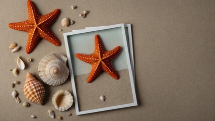 Poster - Oceanic Composition of Starfish and Seashells on Neutral Background with Instant Frames