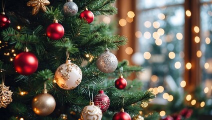 Aufkleber - Close-up of a beautifully decorated Christmas tree with ornaments and lights creating a festive atmosphere for the holiday season.