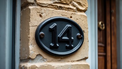 Poster - Elegant black metal house number 14 mounted on a beige stone wall above a wooden door, capturing a modern urban aesthetic.