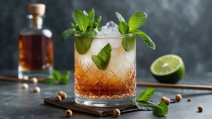 Aufkleber - Refreshing Hugo Cocktail Garnished with Fresh Mint and Lime in Stylish Glass Over Ice with Bottle and Ingredients in Background