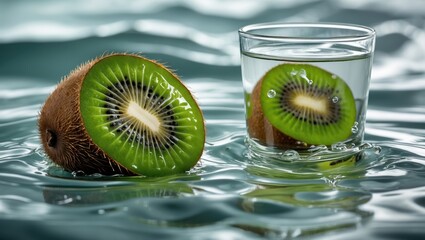 Poster - Kiwi Slices Floating in Water Next to a Glass with Empty Space for Text Overlay