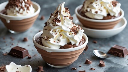 Aufkleber - Delicious chocolate ice cream topped with whipped cream and chocolate shavings in elegant bowls on a rustic table with space for text.