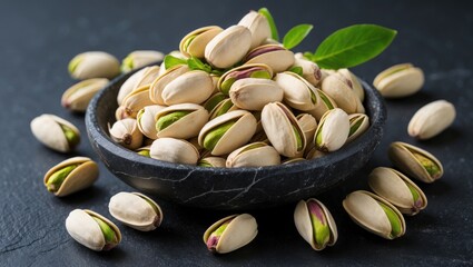 Poster - Italian pistachios from Sicily displayed in a dark stone bowl on a black background highlighting their natural colors and texture.