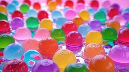 Aufkleber - Colorful gelatin gumdrop texture with vibrant spheres creating a playful and appetizing food background for creative designs and projects.