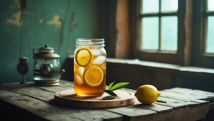 Aufkleber - Refreshing Ice Green Tea with Lemon Slices in Jar on Wooden Table with Empty Space for Text in Rustic Setting