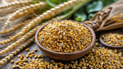 Poster - Amaranth grain in wooden bowls with scattered seeds and wheat stalks, highlighting its nutritional value and use in health food trends.