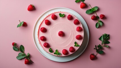 Aufkleber - Homemade pink cheesecake adorned with fresh raspberries and mint leaves on a pastel pink background, minimalistic flat lay composition.
