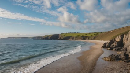 Aufkleber - Idyllic coastal scene of Holywell Bay showcasing sandy beach, rolling waves, and lush green cliffs with ample space for text overlay.