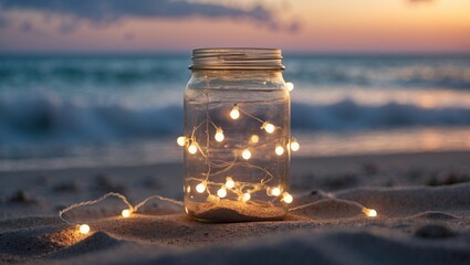 Aufkleber - Illuminated Jar of Fairy Lights on Sandy Beach at Sunset with Gentle Waves in Background
