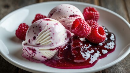 Poster - Delicious ice cream served with raspberry jam and fresh raspberries on a white plate showcasing a tempting dessert experience.