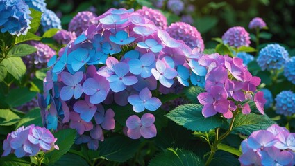 Poster - Hydrangea macrophylla vibrant blooms in a garden showcasing stunning blue and pink flowers surrounded by lush green foliage