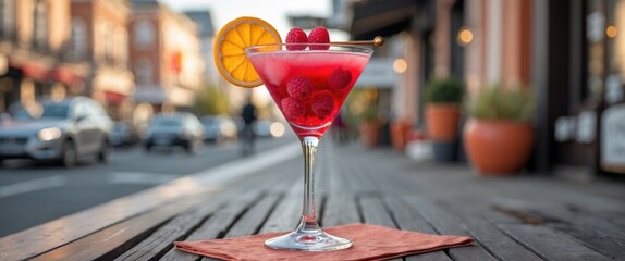 Poster - Vibrant Raspberry Martini Cocktail on Outdoor Table with Urban Backdrop and Empty Space for Beverage Promotion or Menu Text