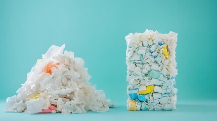 Aufkleber - Pile of discarded plastic waste contrasts with neatly organized recycled plastic products for a cleaner future. Generative AI