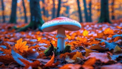 Aufkleber - Vibrant white mushroom surrounded by colorful autumn leaves highlighting nature's beauty and seasonal change in a tranquil forest setting.