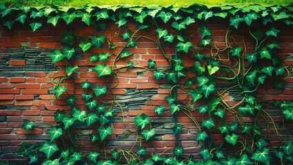 Aufkleber - Vibrant ivy vines cascading over a weathered brick wall signaling the arrival of springtime lushness and natural beauty