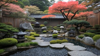 Poster - Serene Japanese garden with vibrant autumn foliage, tranquil pond, stone pathways, and traditional lanterns, ideal for relaxation and meditation.