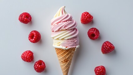 Aufkleber - Delicious Swirled Ice Cream Cone Surrounded by Fresh Raspberries on a Light Background with Space for Text and Promotion