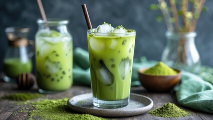 Aufkleber - Refreshing Iced Matcha Beverage Served in a Glass with Ice and Garnish Surrounded by Ingredients on a Rustic Wooden Table
