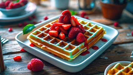 Aufkleber - Delicious homemade waffle topped with fresh strawberries and raspberries served on a white dish against a rustic wooden background