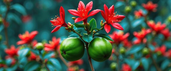 Aufkleber - Jatropha curcas plant featuring vibrant red flowers and green fruit against a soft blurred background showcasing nature's beauty.
