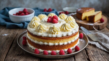 Poster - Delicious Homemade Butter Layer Cake with Whipped Cream and Fresh Raspberries on Rustic Wooden Table Ideal for Celebrations and Events