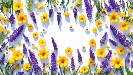 Poster - Vibrant spring floral composition with yellow and purple flowers on a white background, perfect for Women's Day and Easter celebrations.