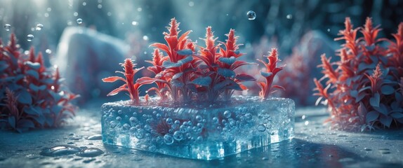 Aufkleber - Frozen flora encapsulated in ice with trapped air bubbles creating a unique natural sculpture in a serene, icy environment.