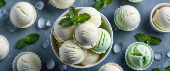 Poster - Refreshing Ice Cream Indulgence with Mint Leaves and Empty Copy Space for Your Text on a Cool Gray Background