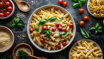 Poster - Fresh Italian pasta served with cherry tomatoes and basil on a dark surface, surrounded by ingredients and garnishes for an appetizing display.