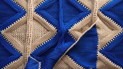 Aufkleber - Textured knitted blanket in blue and beige showcasing intricate geometric patterns ideal for cozy home decor and textile design inspiration.