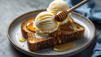 Poster - Delicious Honey Drizzled Ice Cream on Toast Served on a Plate with Wooden Spoon and Blue Cloth Accents