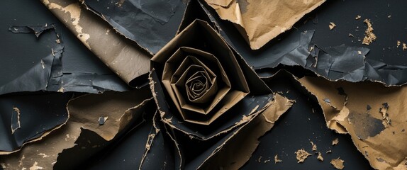 Poster - Vintage black grunge folded paper texture featuring a decorative rose design for use in graphic design and artistic projects.