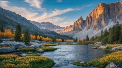 Poster - Breathtaking Mountain Landscape with River and Autumn Foliage Featuring Clear Space for Text Overlay