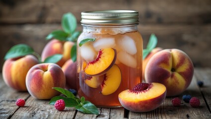 Aufkleber - Refreshing Peach Iced Tea in Jar Surrounded by Fresh Fruits on Rustic Wooden Table