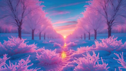 Aufkleber - Symmetrical winter landscape with hoarfrost adorned trees and vibrant sunset reflecting on a serene icy river illuminated in pastel colors.