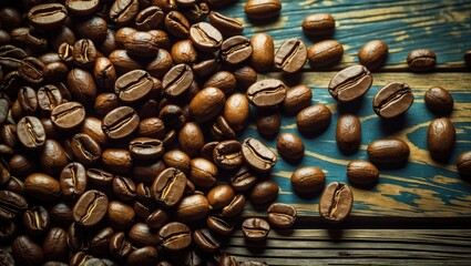 Poster - Freshly roasted coffee beans scattered on a rustic wooden background showcasing rich textures and warm vintage tones ideal for coffee enthusiasts.