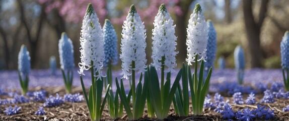Aufkleber - Vibrant Hyacinths and Blue Flowers in a Lush Garden Setting with Ample Copy Space for Creative Text Placement