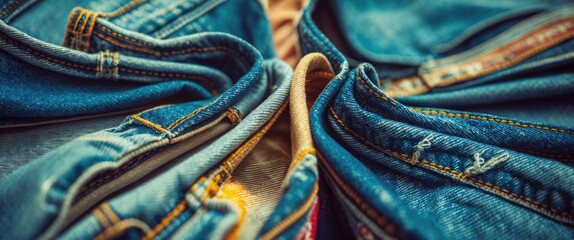Poster - Denim fabric details showcasing the intricate stitching and textures of folded jeans arranged in a circular pattern for fashion concepts.