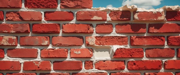 Aufkleber - Red building bricks with weathered texture and dried white mortar forming a wall under a clear blue sky on a sunny day.